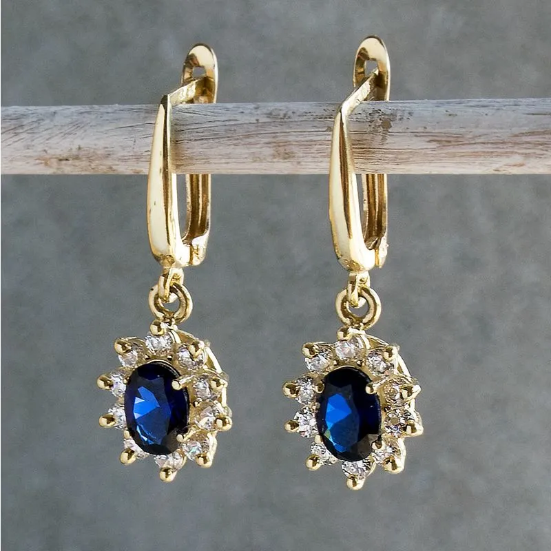 14K Yellow Gold Oval Blue Cubic Zirconia 7X5mm Dangle Earrings