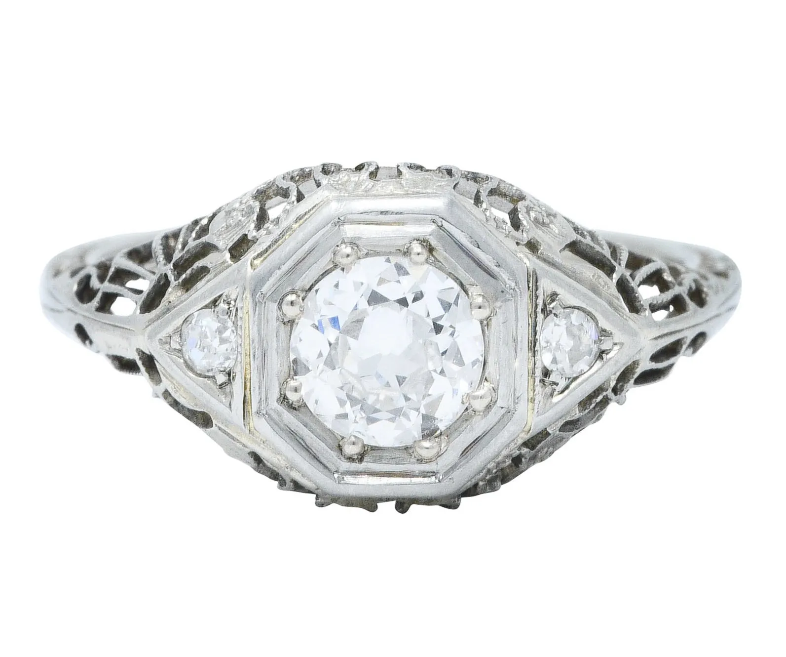 1920's Art Deco 0.57 CTW Diamond 18 Karat White Gold Bombe Engagement Ring