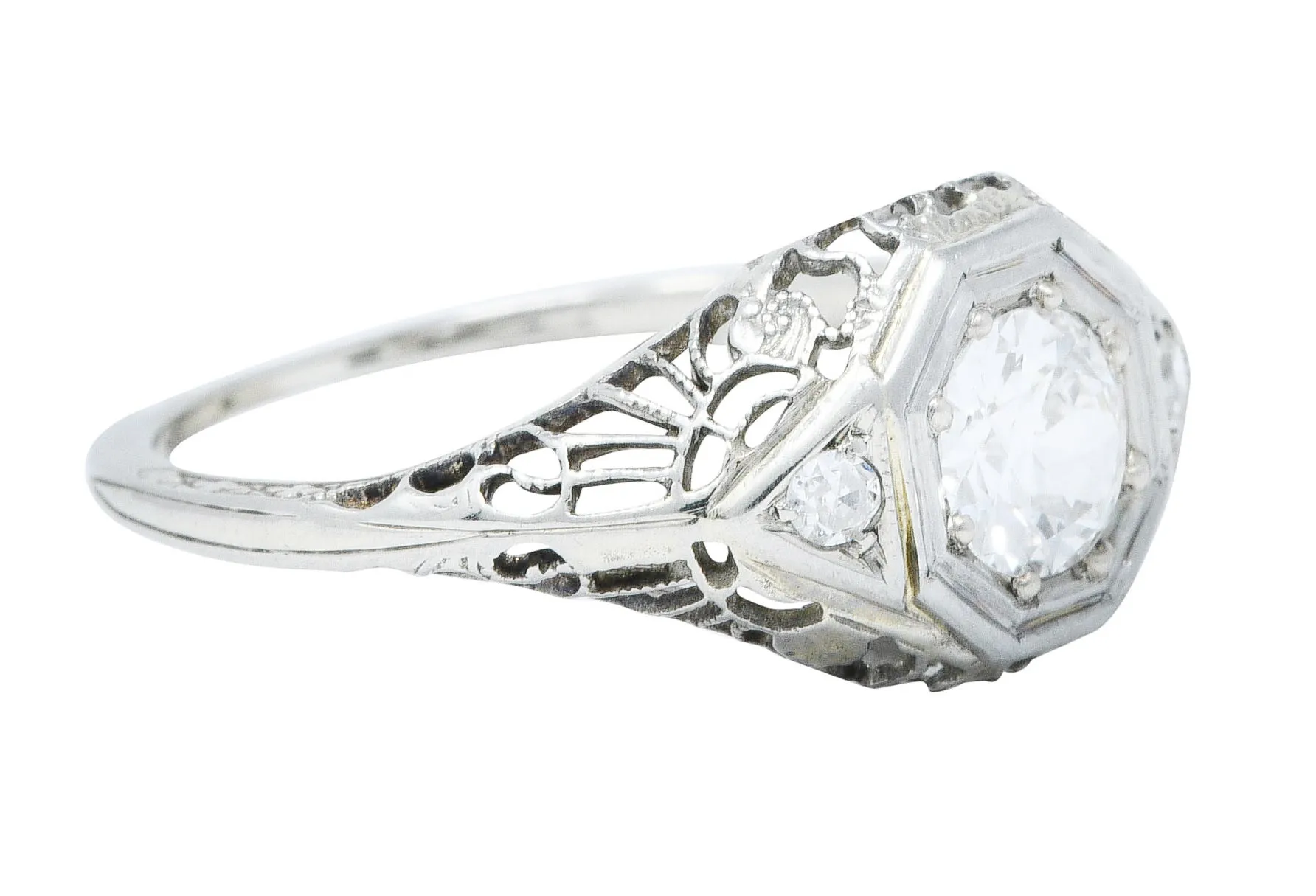 1920's Art Deco 0.57 CTW Diamond 18 Karat White Gold Bombe Engagement Ring