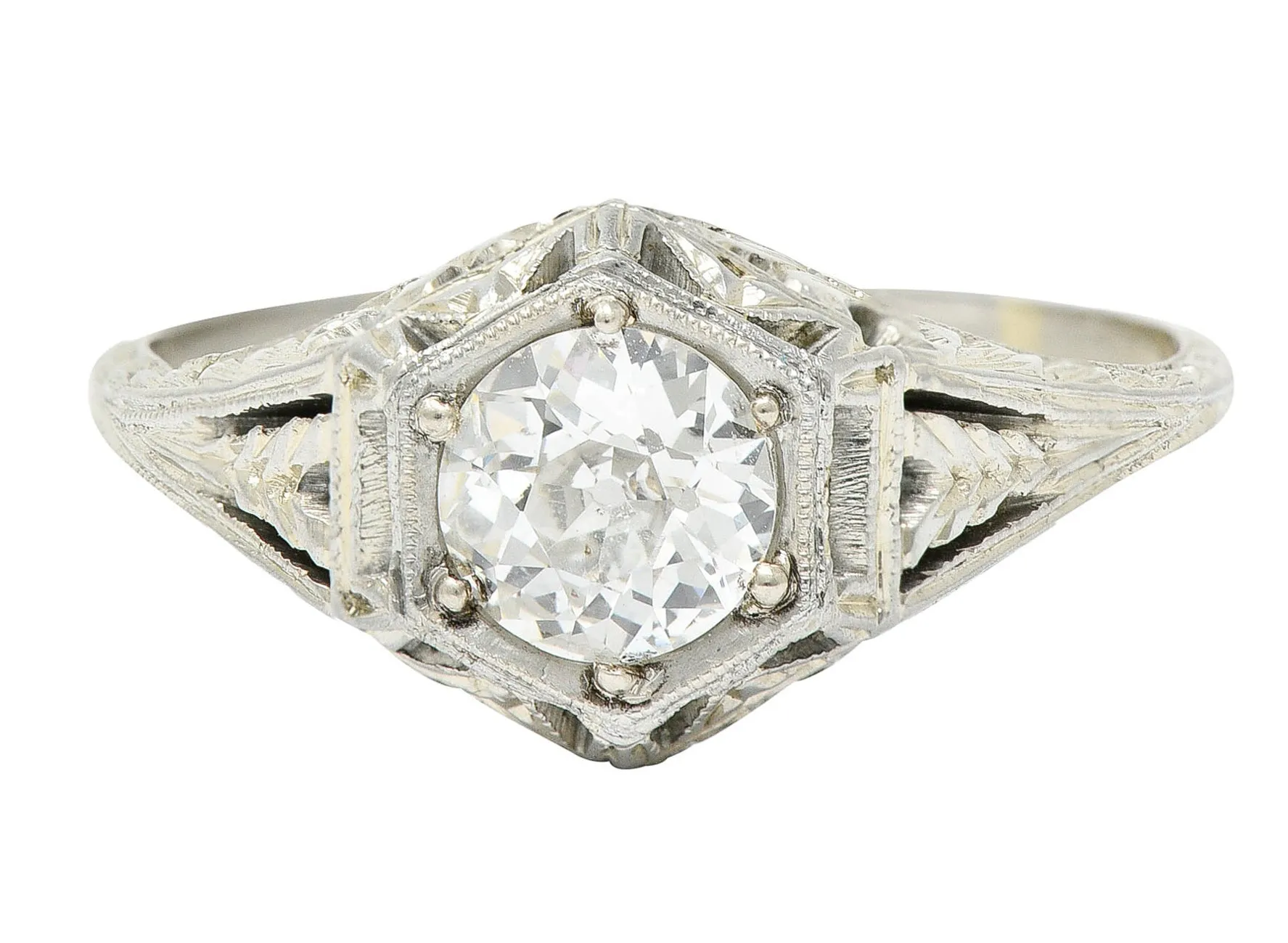 1926 Art Deco 0.76 CTW Diamond 18 Karat White Gold Hexagonal Engagement Ring