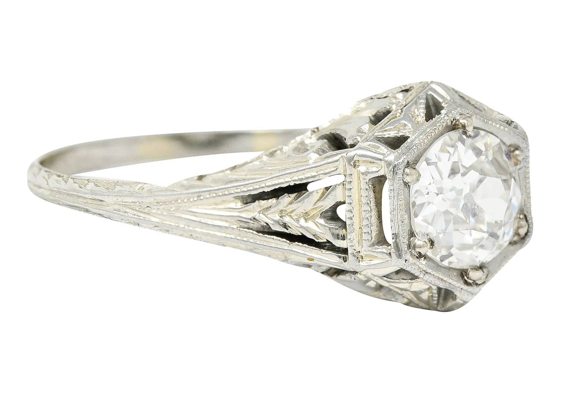 1926 Art Deco 0.76 CTW Diamond 18 Karat White Gold Hexagonal Engagement Ring