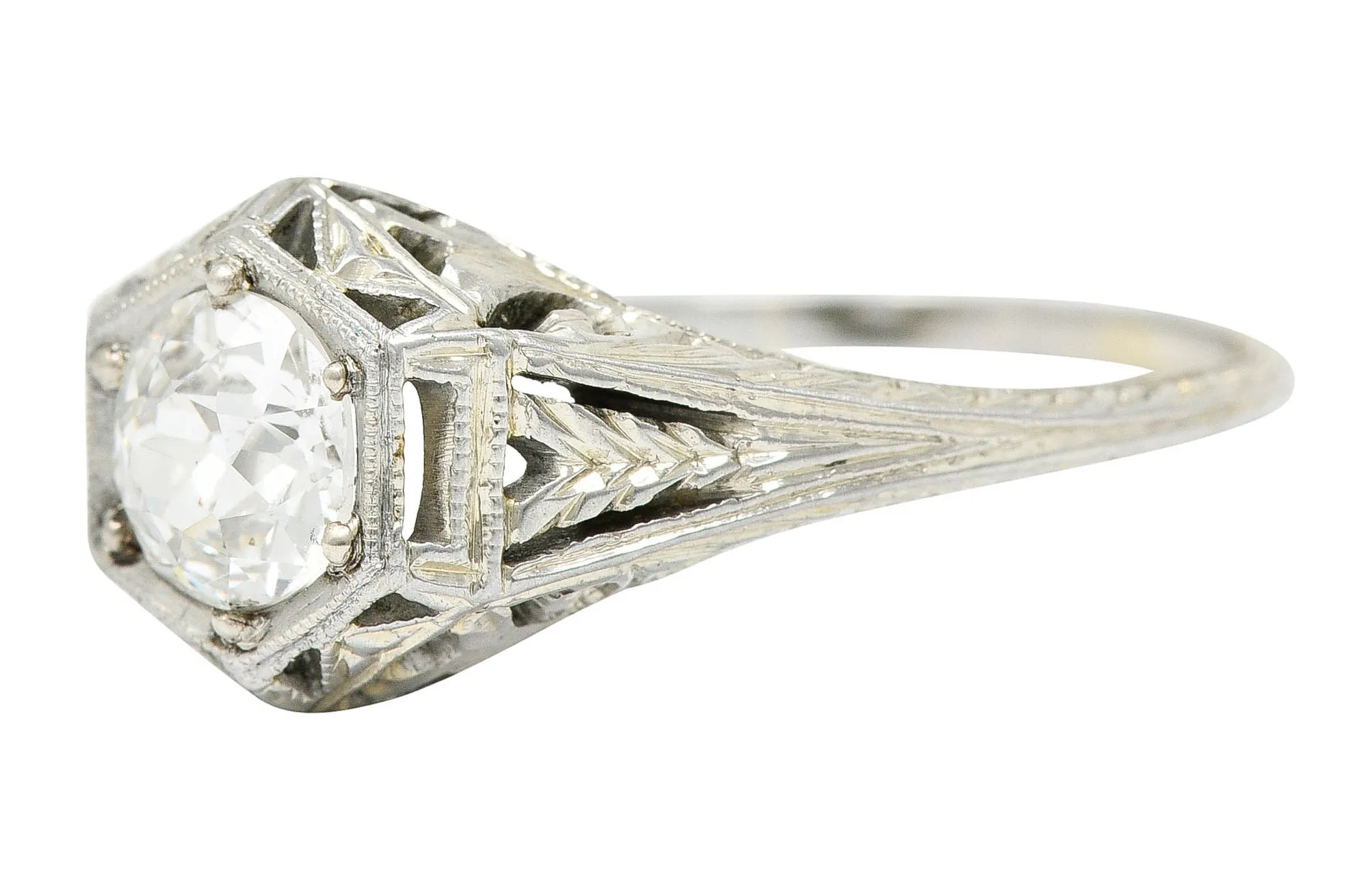 1926 Art Deco 0.76 CTW Diamond 18 Karat White Gold Hexagonal Engagement Ring