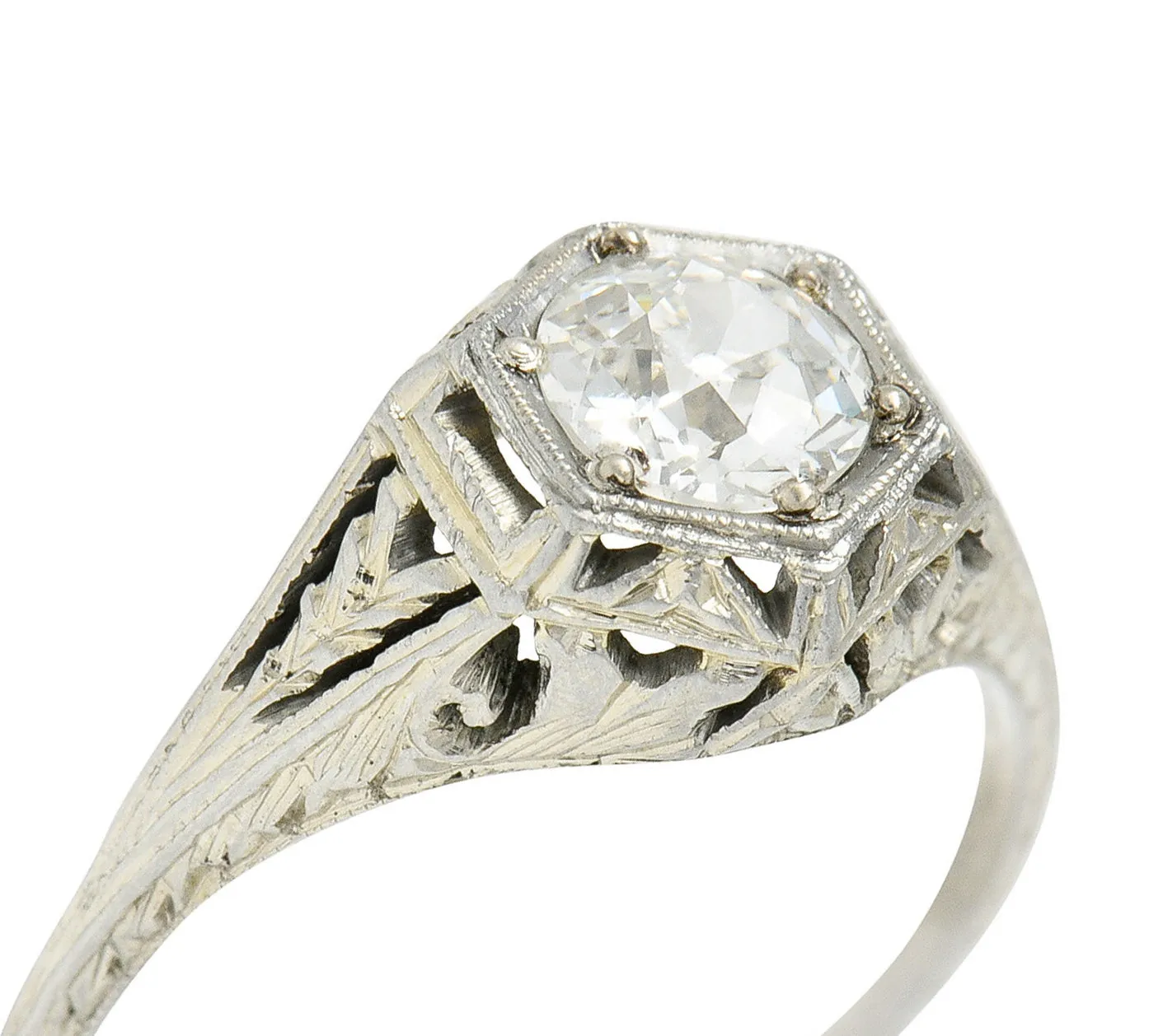 1926 Art Deco 0.76 CTW Diamond 18 Karat White Gold Hexagonal Engagement Ring