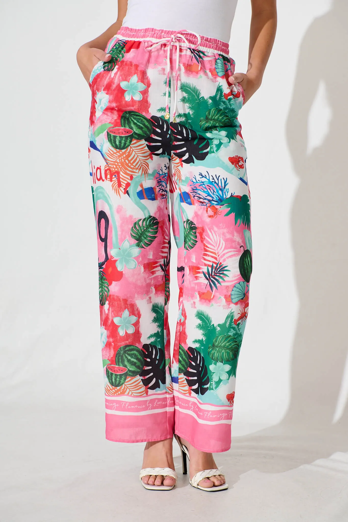 Alejandra Pant In Pink Multi Tropical Linen Blend