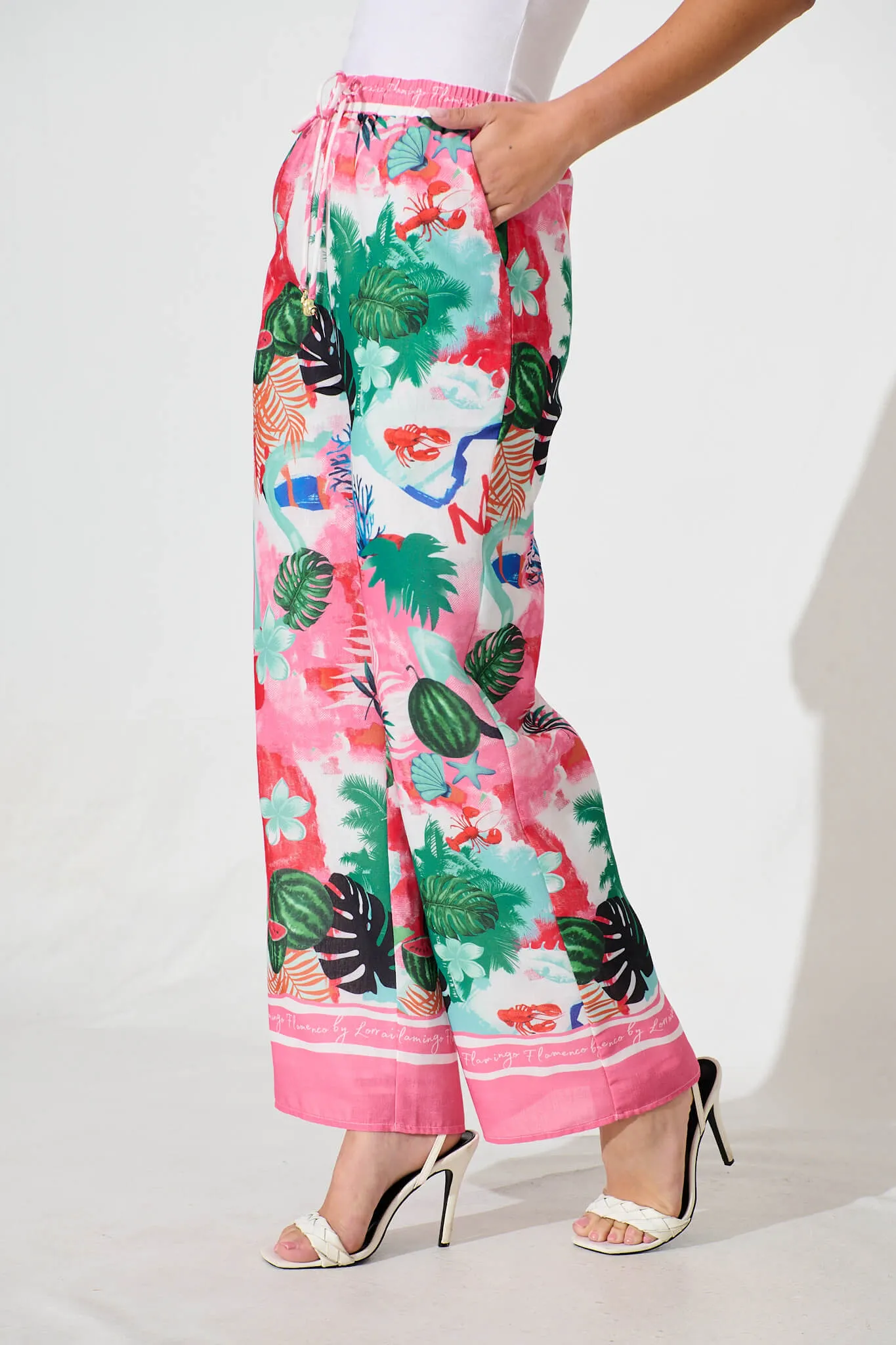 Alejandra Pant In Pink Multi Tropical Linen Blend