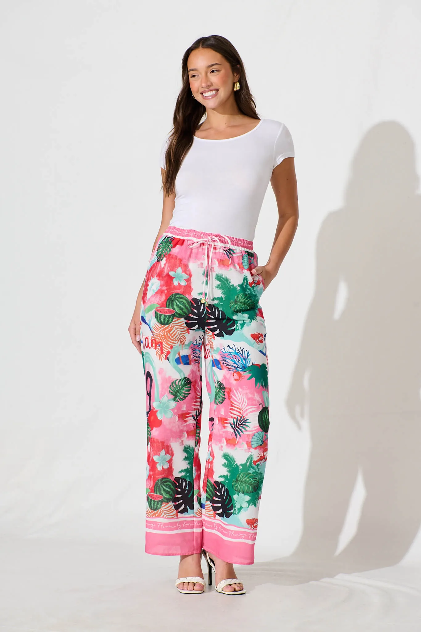 Alejandra Pant In Pink Multi Tropical Linen Blend