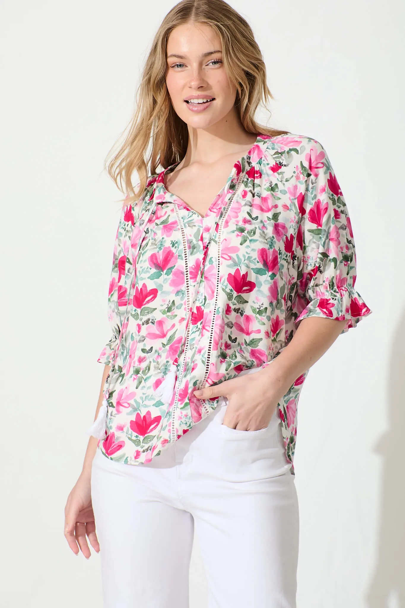 Amaya Top in White with Pink and Green Floral