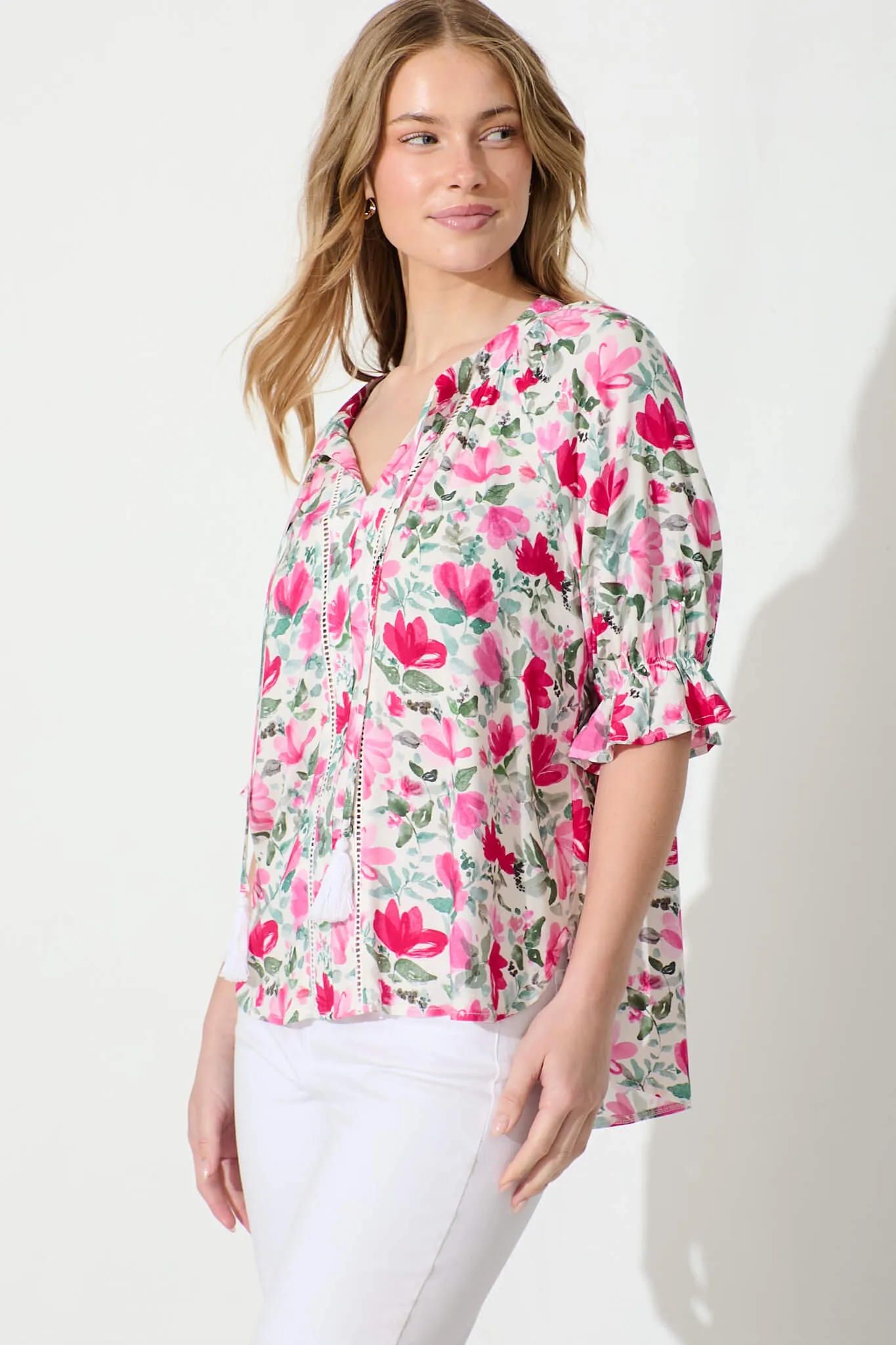 Amaya Top in White with Pink and Green Floral