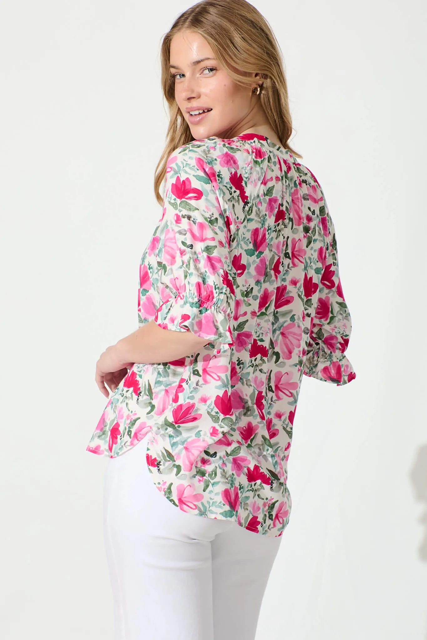 Amaya Top in White with Pink and Green Floral