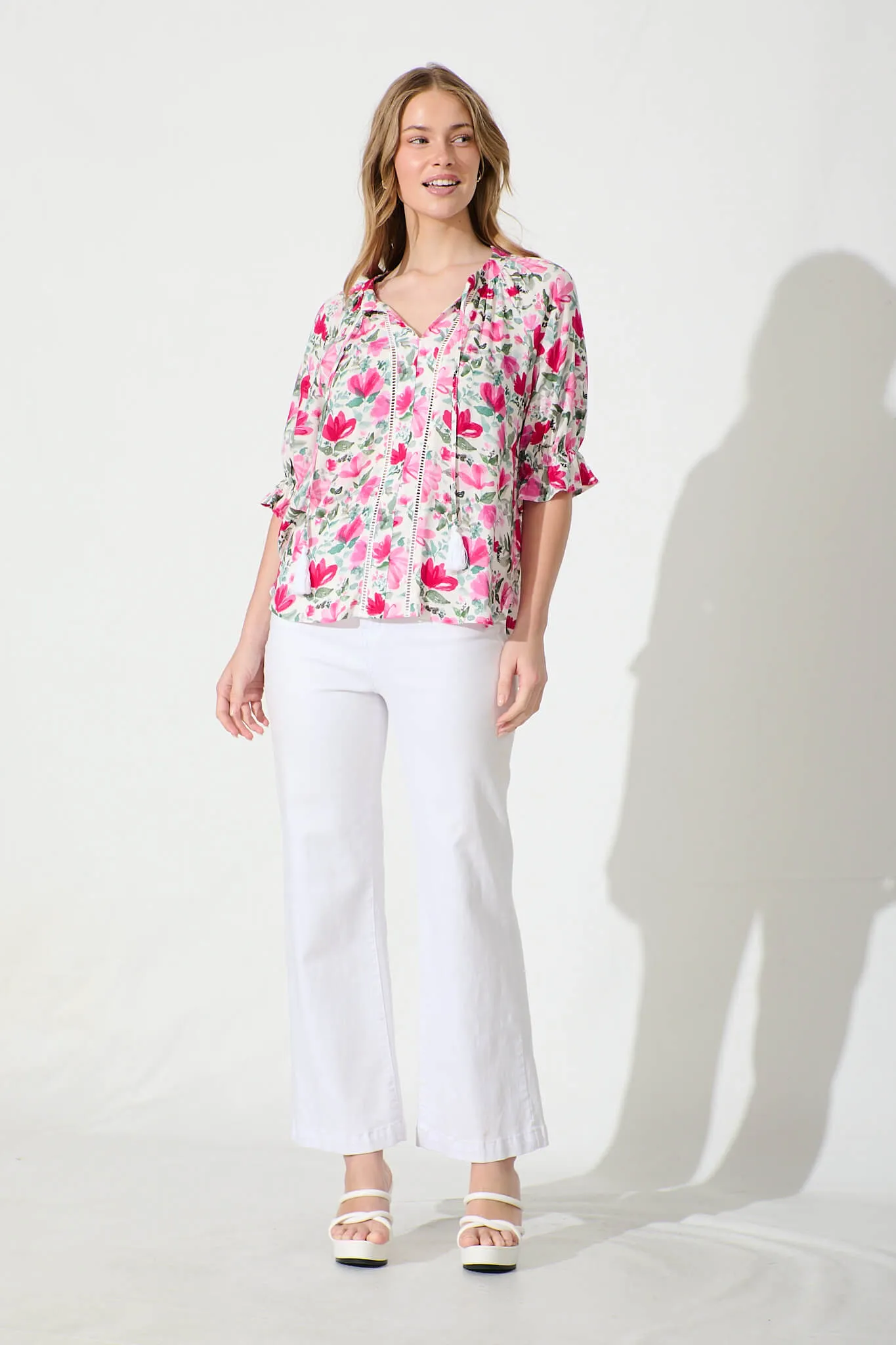 Amaya Top in White with Pink and Green Floral