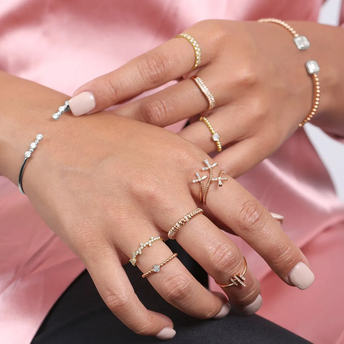 Beaded Diamond Eternity Ring in Solid 14k Two-Tone White and Rose Gold