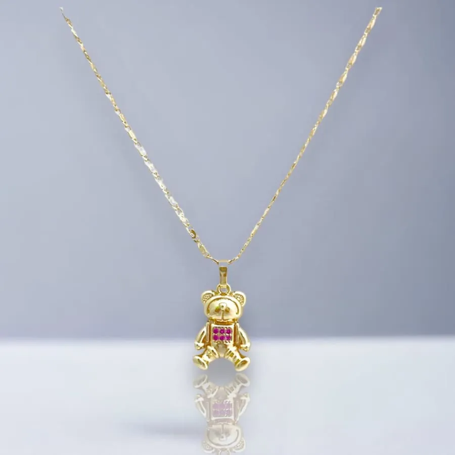 Bear pink square crystals set earrings necklace in 18k gold filled