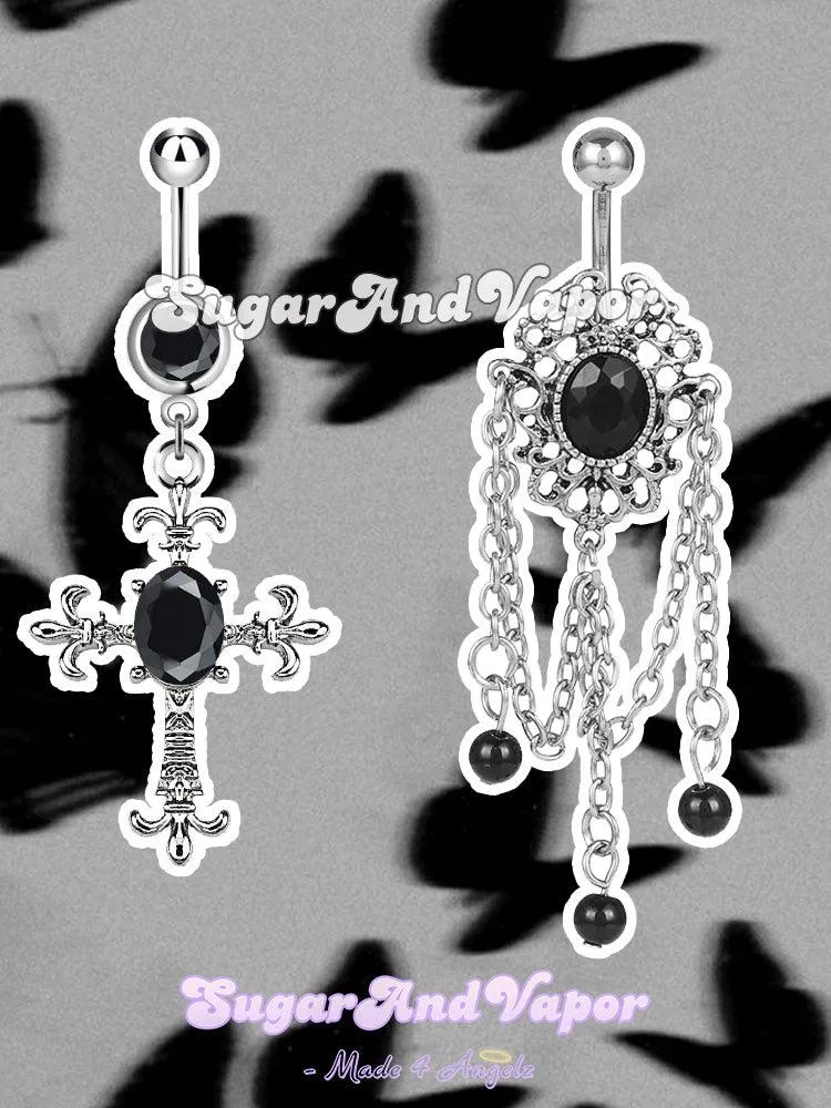 Black Crystals Goth Belly Ring