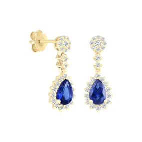 Blue Sapphire Dangle Earrings with White Sapphire Halo