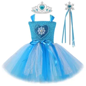 Blue Snow Queen Dress for Girls Cosplay Costume Halloween Kids Clothes Princess Elsa Dresses Fluffy Tutus with Crown Magic Stick