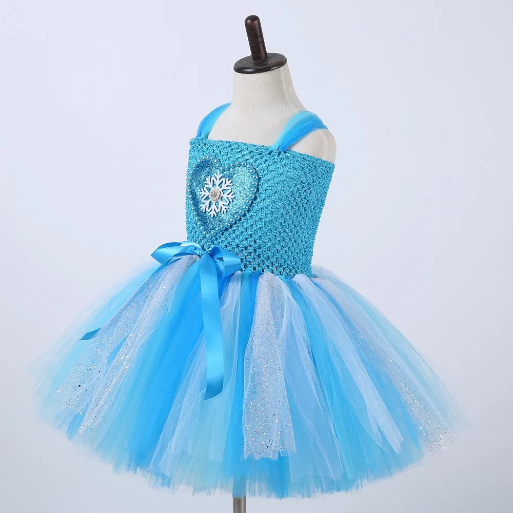 Blue Snow Queen Dress for Girls Cosplay Costume Halloween Kids Clothes Princess Elsa Dresses Fluffy Tutus with Crown Magic Stick