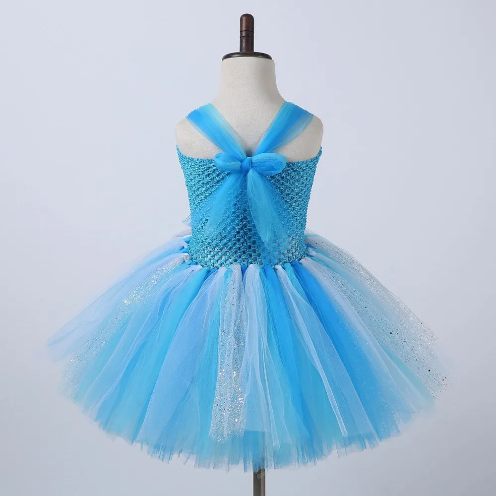 Blue Snow Queen Dress for Girls Cosplay Costume Halloween Kids Clothes Princess Elsa Dresses Fluffy Tutus with Crown Magic Stick