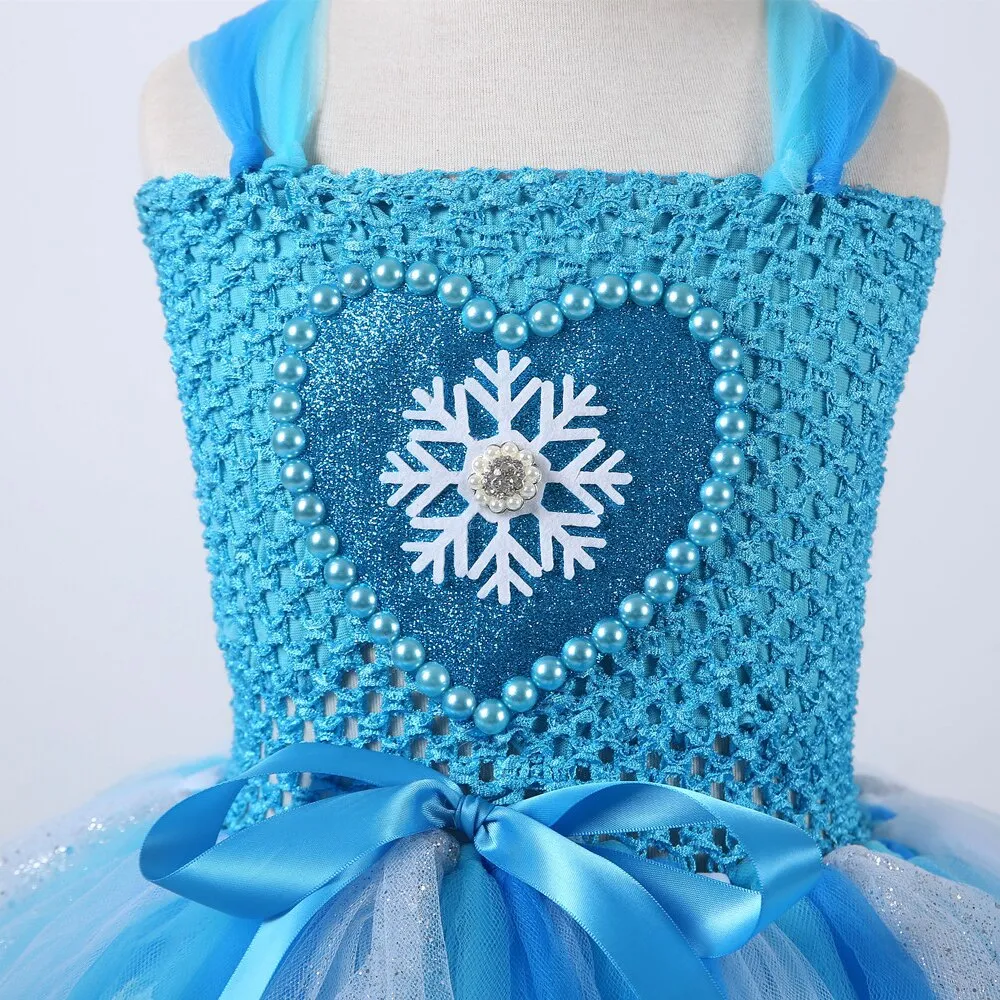 Blue Snow Queen Dress for Girls Cosplay Costume Halloween Kids Clothes Princess Elsa Dresses Fluffy Tutus with Crown Magic Stick