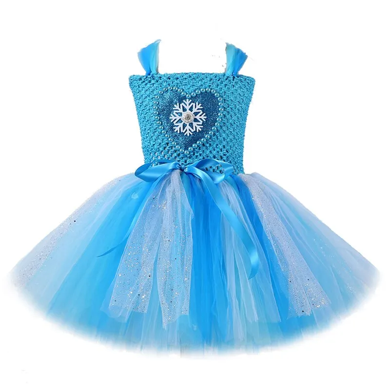 Blue Snow Queen Dress for Girls Cosplay Costume Halloween Kids Clothes Princess Elsa Dresses Fluffy Tutus with Crown Magic Stick