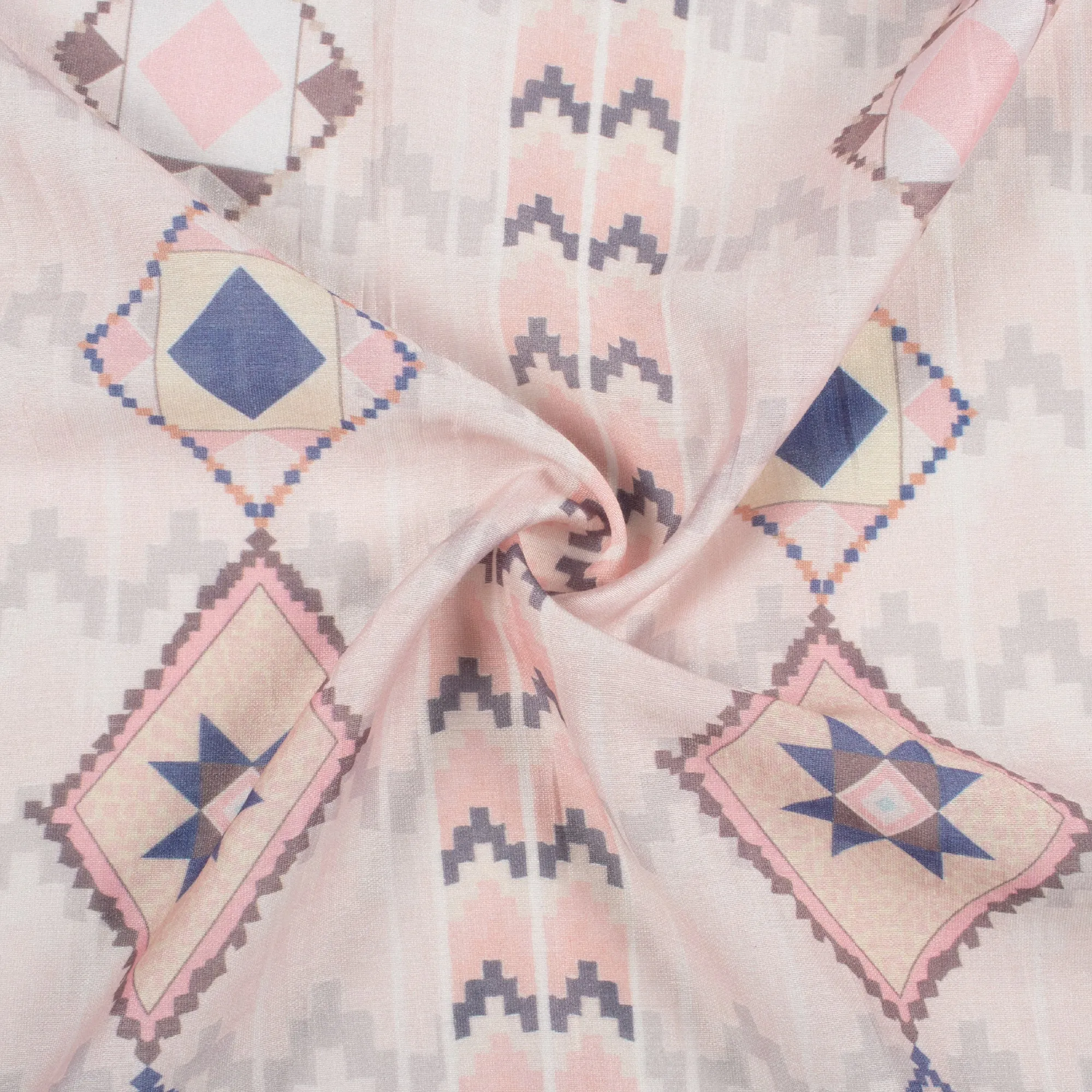 Blush Pink And Steel Blue Traditonal Pattern Digital Print Viscose Chanderi Fabric