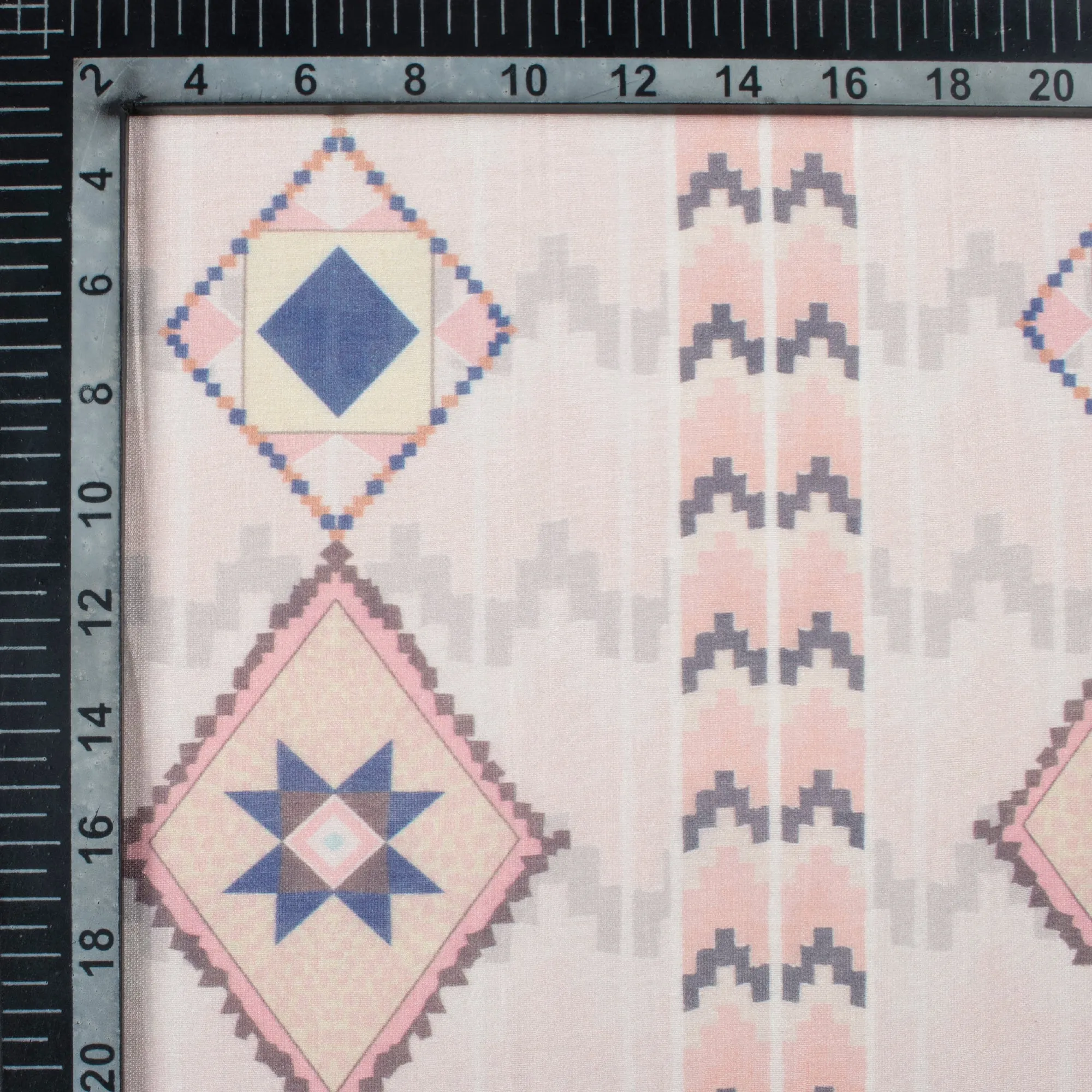 Blush Pink And Steel Blue Traditonal Pattern Digital Print Viscose Chanderi Fabric