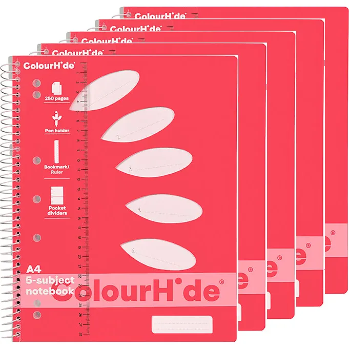 Colourhide 5-Subject Section Notebook 250 Page A4 Watermelon Pink 5 Pack