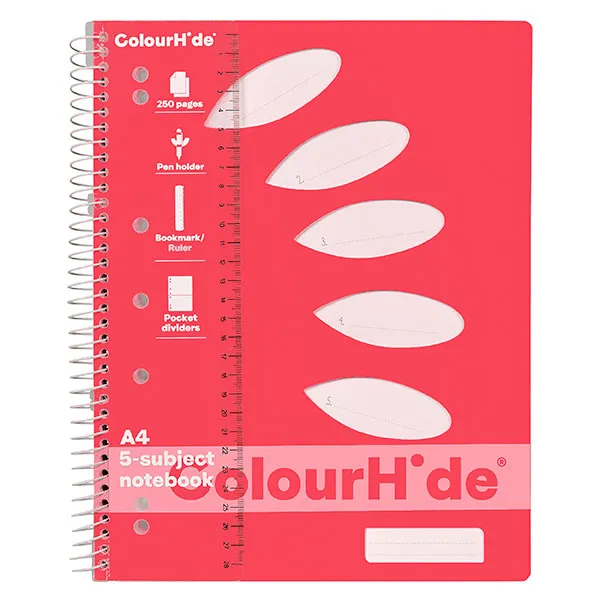 Colourhide 5-Subject Section Notebook 250 Page A4 Watermelon Pink 5 Pack