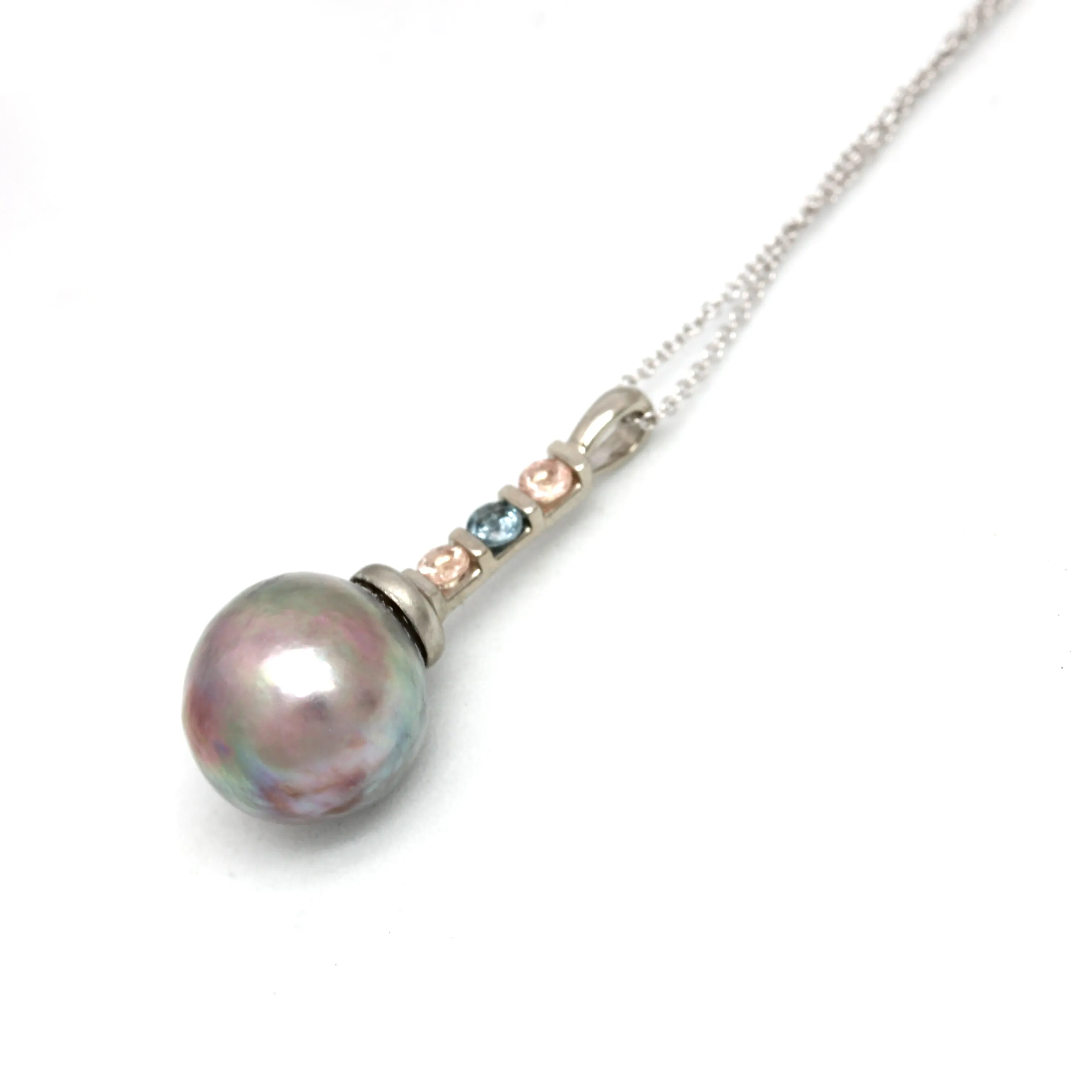 Gorgeous Pink/Green Cortez Pearl on 14K White Gold Pendant with Heliolites and Sapphire (Includes Gold Chain)