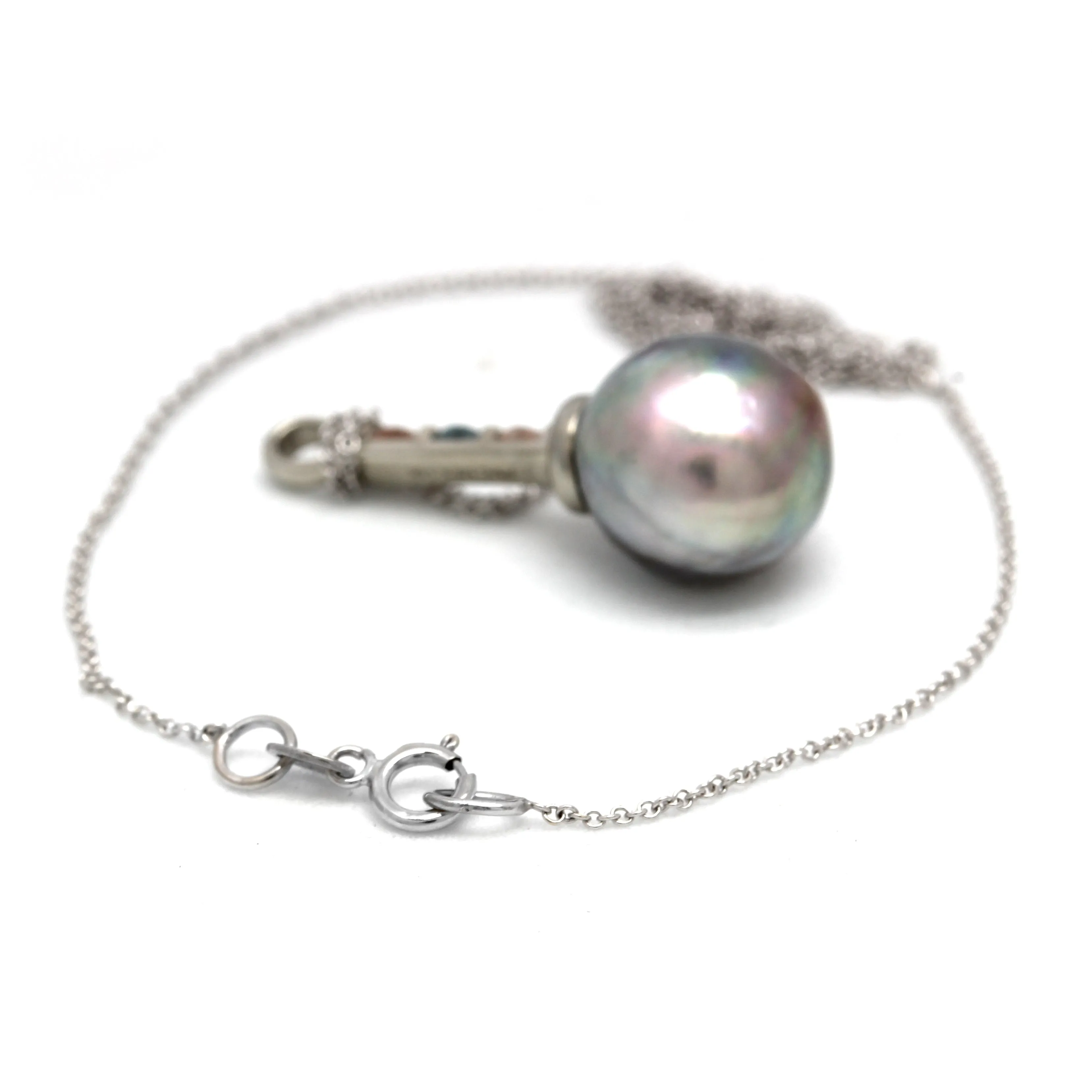 Gorgeous Pink/Green Cortez Pearl on 14K White Gold Pendant with Heliolites and Sapphire (Includes Gold Chain)