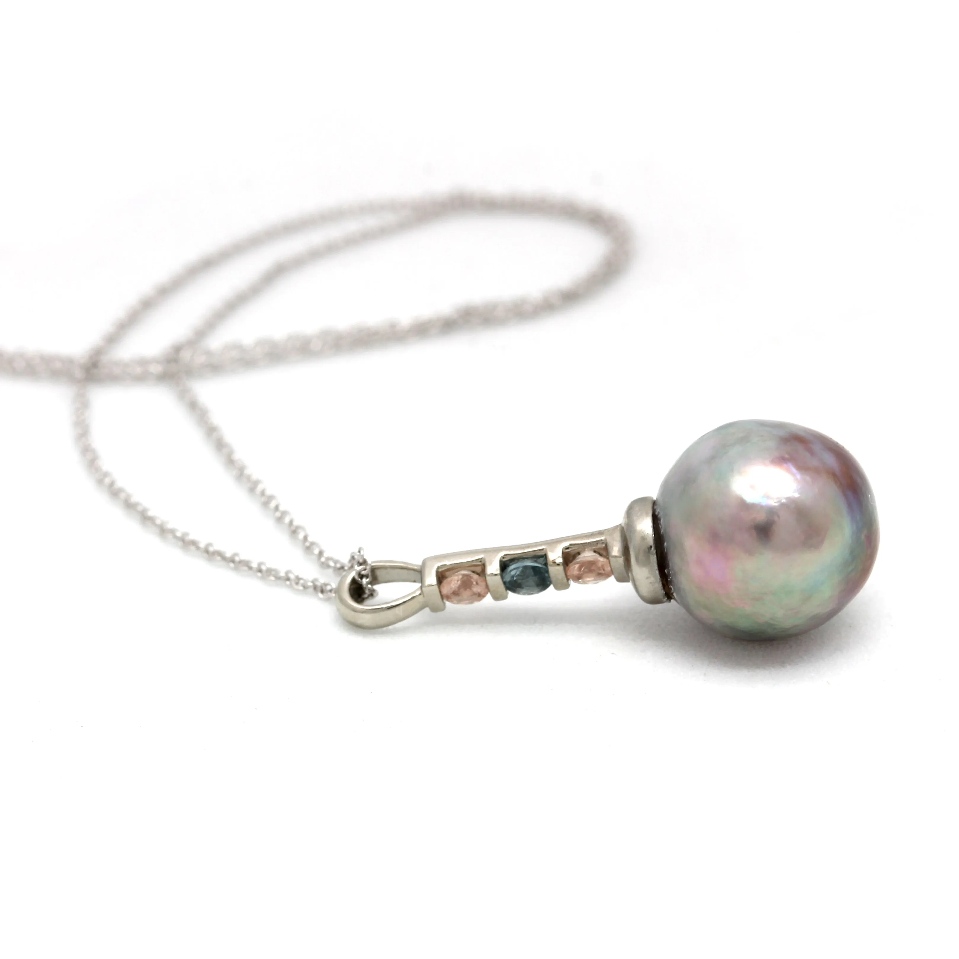 Gorgeous Pink/Green Cortez Pearl on 14K White Gold Pendant with Heliolites and Sapphire (Includes Gold Chain)