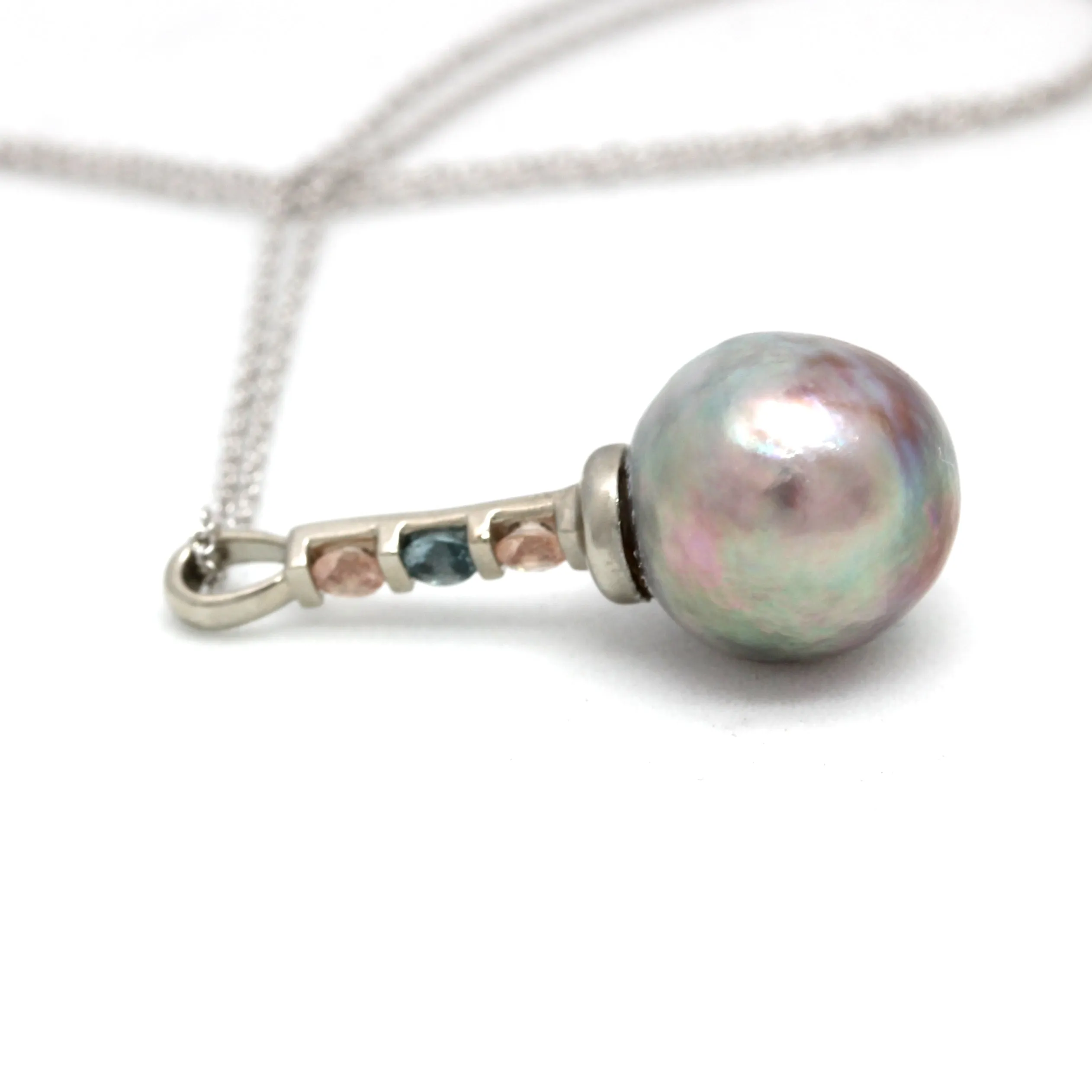 Gorgeous Pink/Green Cortez Pearl on 14K White Gold Pendant with Heliolites and Sapphire (Includes Gold Chain)