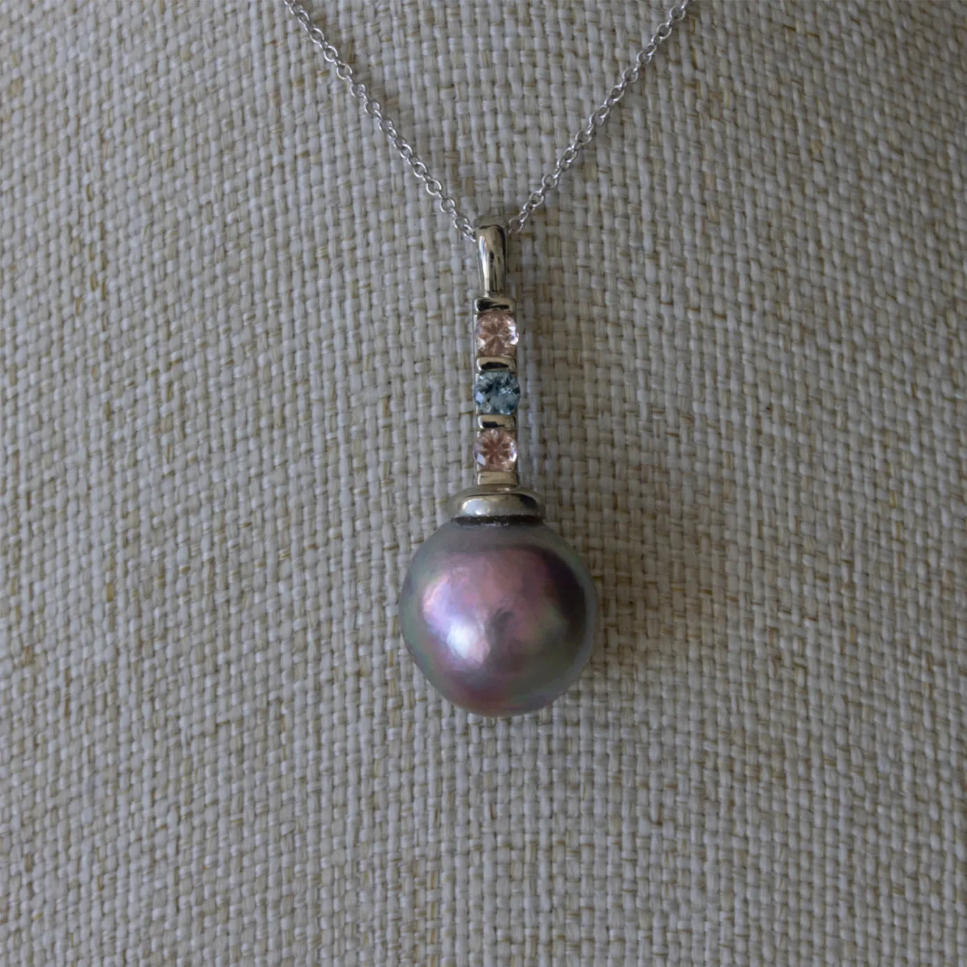 Gorgeous Pink/Green Cortez Pearl on 14K White Gold Pendant with Heliolites and Sapphire (Includes Gold Chain)