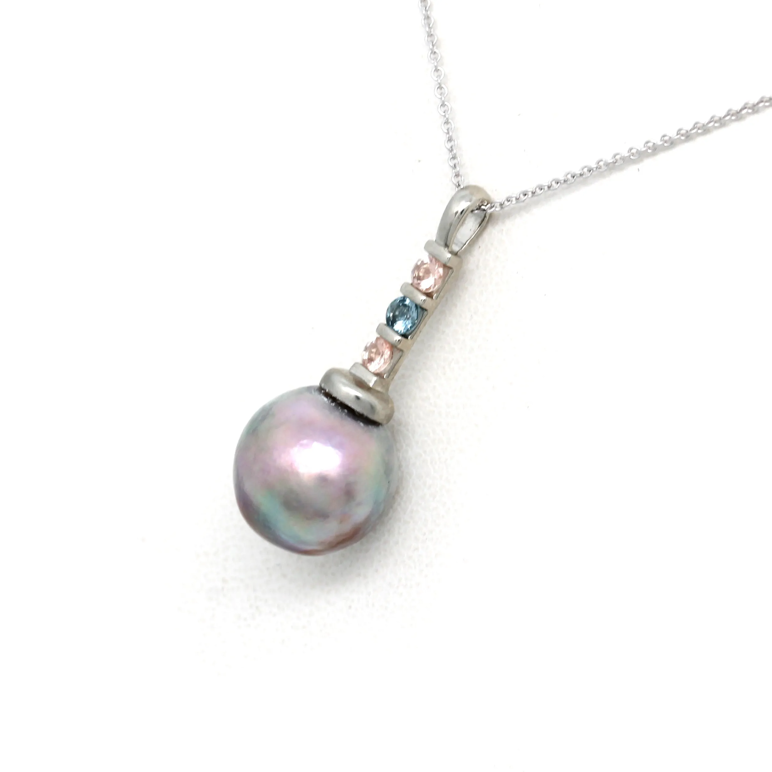 Gorgeous Pink/Green Cortez Pearl on 14K White Gold Pendant with Heliolites and Sapphire (Includes Gold Chain)