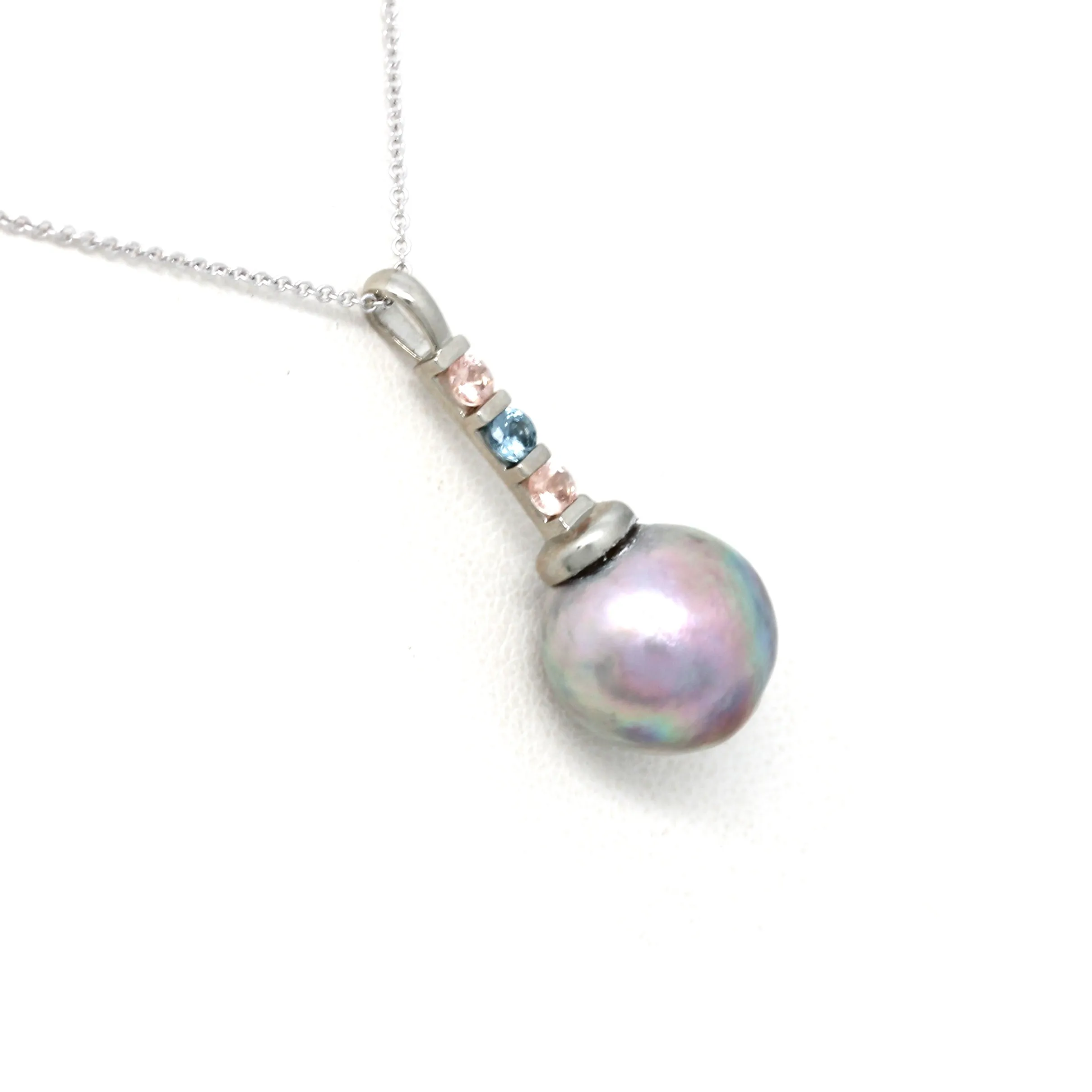 Gorgeous Pink/Green Cortez Pearl on 14K White Gold Pendant with Heliolites and Sapphire (Includes Gold Chain)