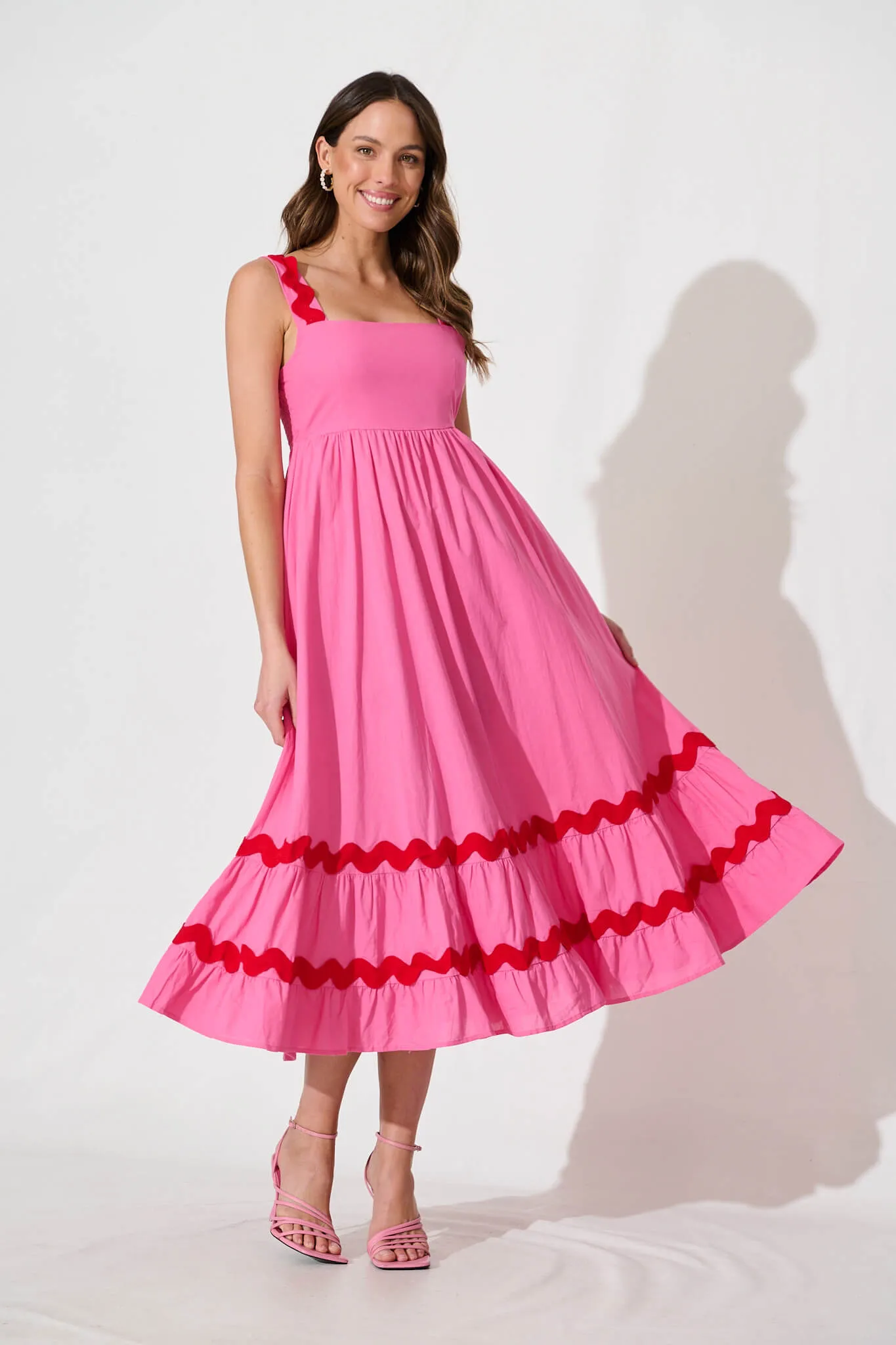 Idol Midi Sundress In Pink With Red Ric Rac Trim Cotton