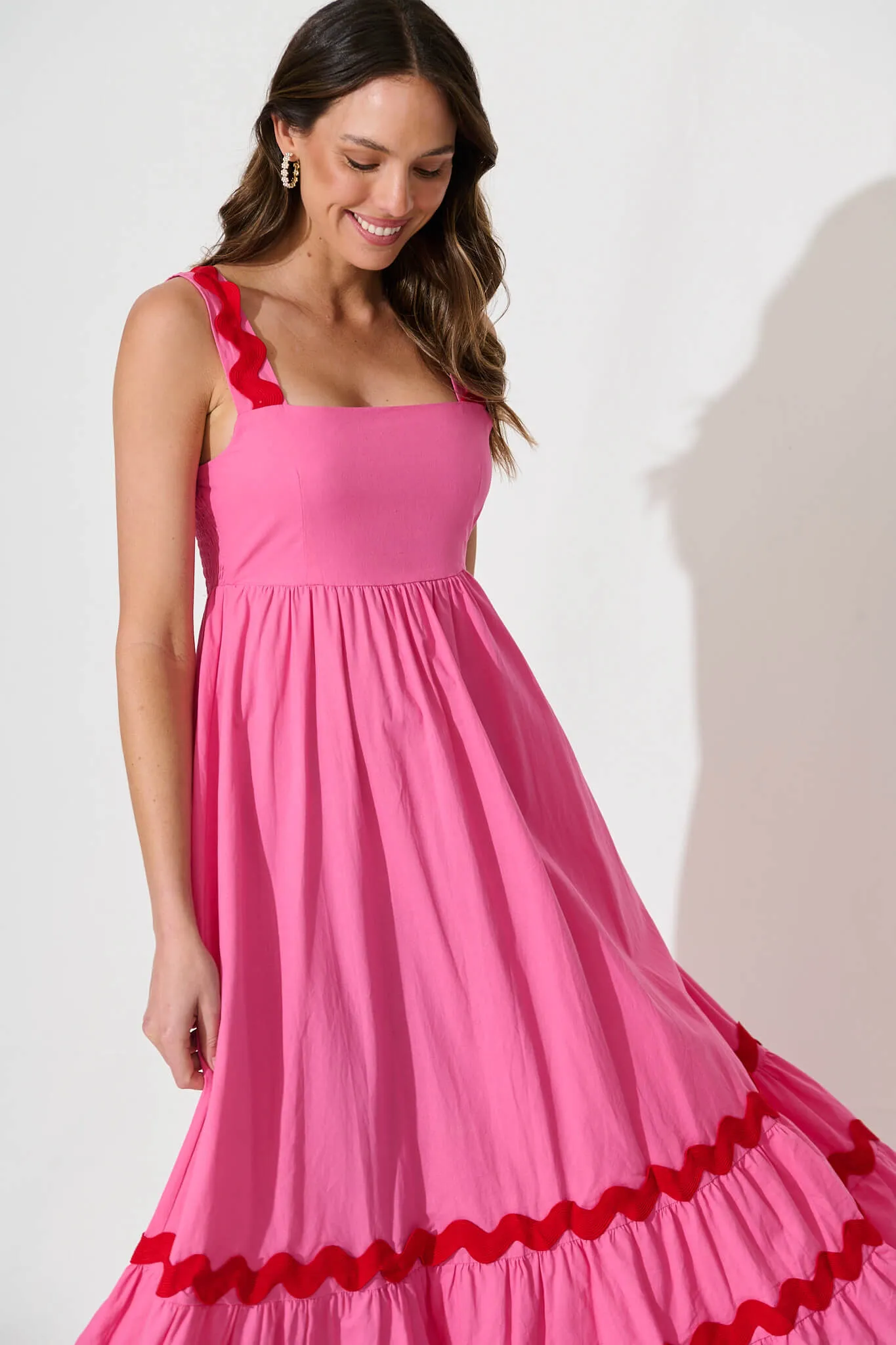 Idol Midi Sundress In Pink With Red Ric Rac Trim Cotton