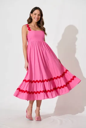 Idol Midi Sundress In Pink With Red Ric Rac Trim Cotton