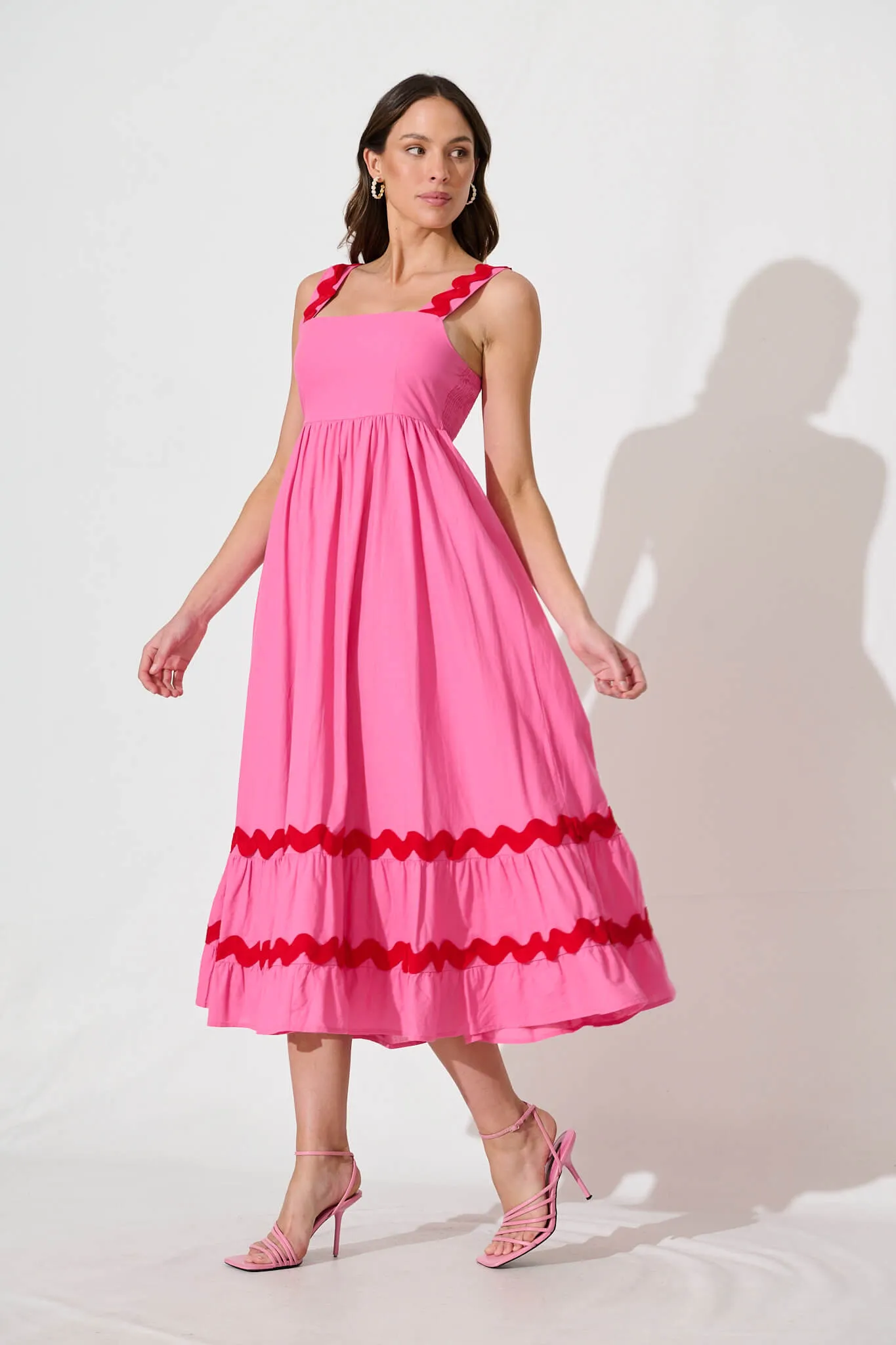 Idol Midi Sundress In Pink With Red Ric Rac Trim Cotton