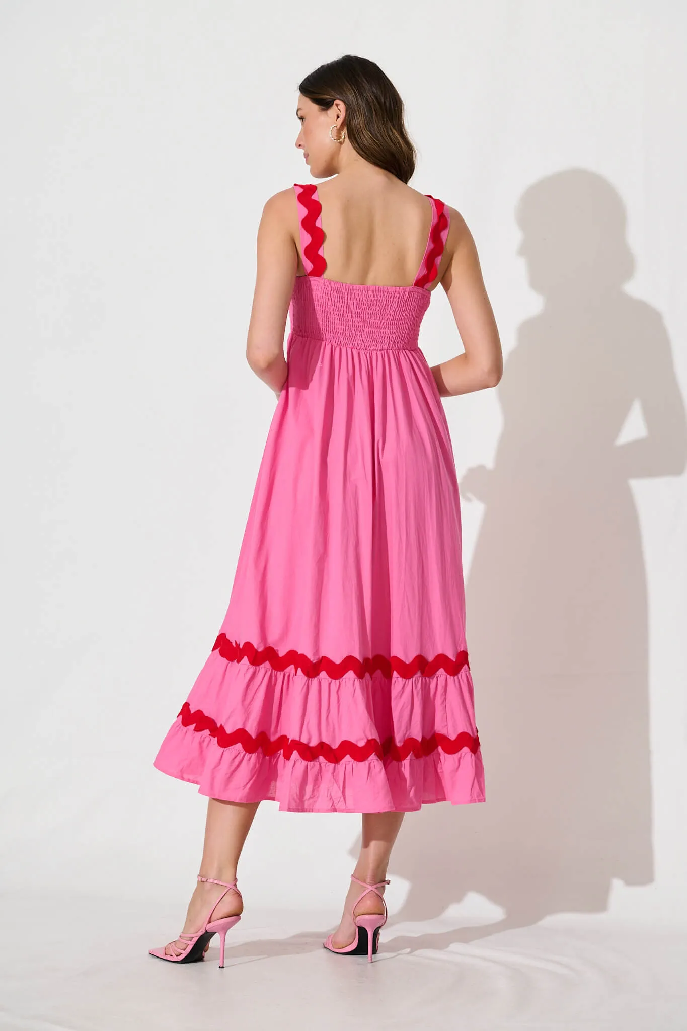 Idol Midi Sundress In Pink With Red Ric Rac Trim Cotton