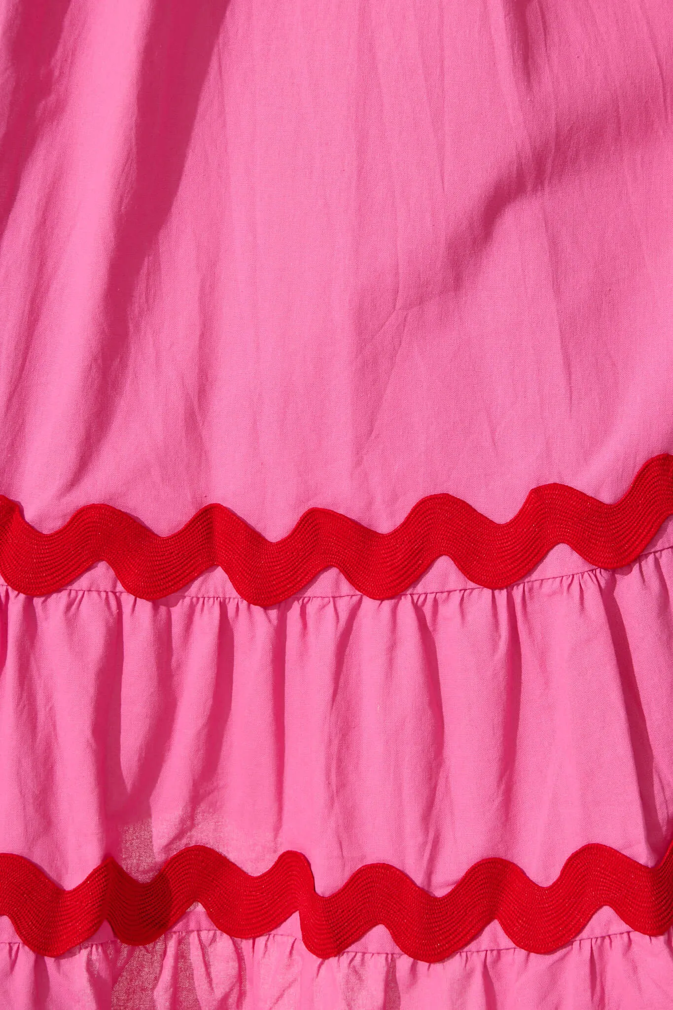 Idol Midi Sundress In Pink With Red Ric Rac Trim Cotton