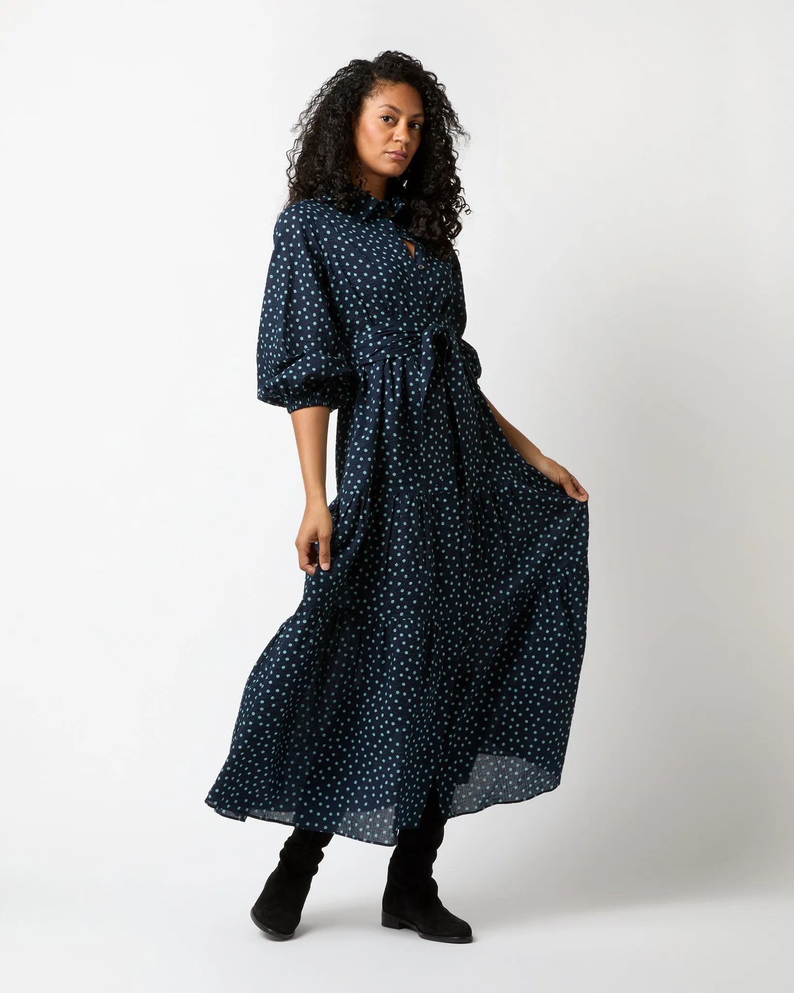 Isla Shirtdress in Navy/Steel Blue Crinkle Cotton