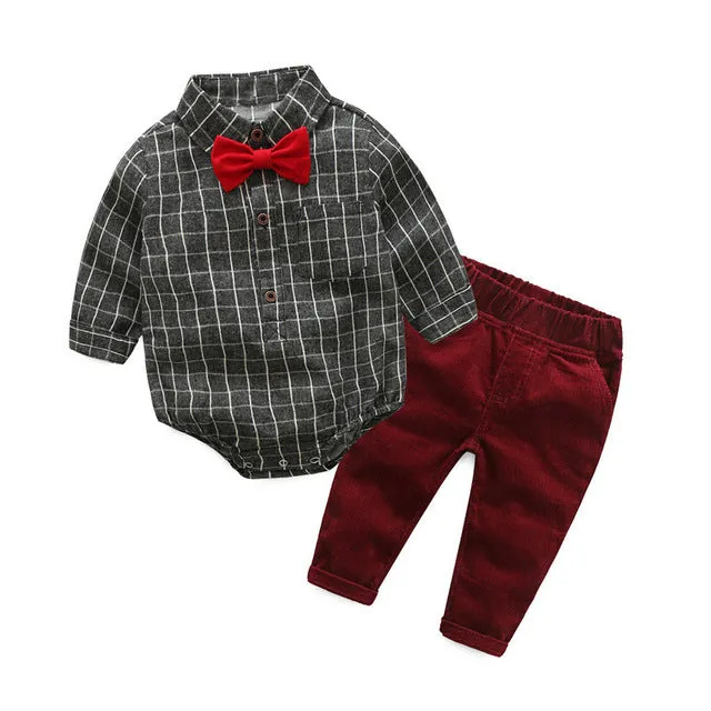 Kids Clothes Four Seasons GM Long Cotton Gray Plaid Two-piece Boy Shirt and Pants Handsome Kids Costume Boys Christmas Clothes