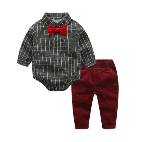 Kids Clothes Four Seasons GM Long Cotton Gray Plaid Two-piece Boy Shirt and Pants Handsome Kids Costume Boys Christmas Clothes