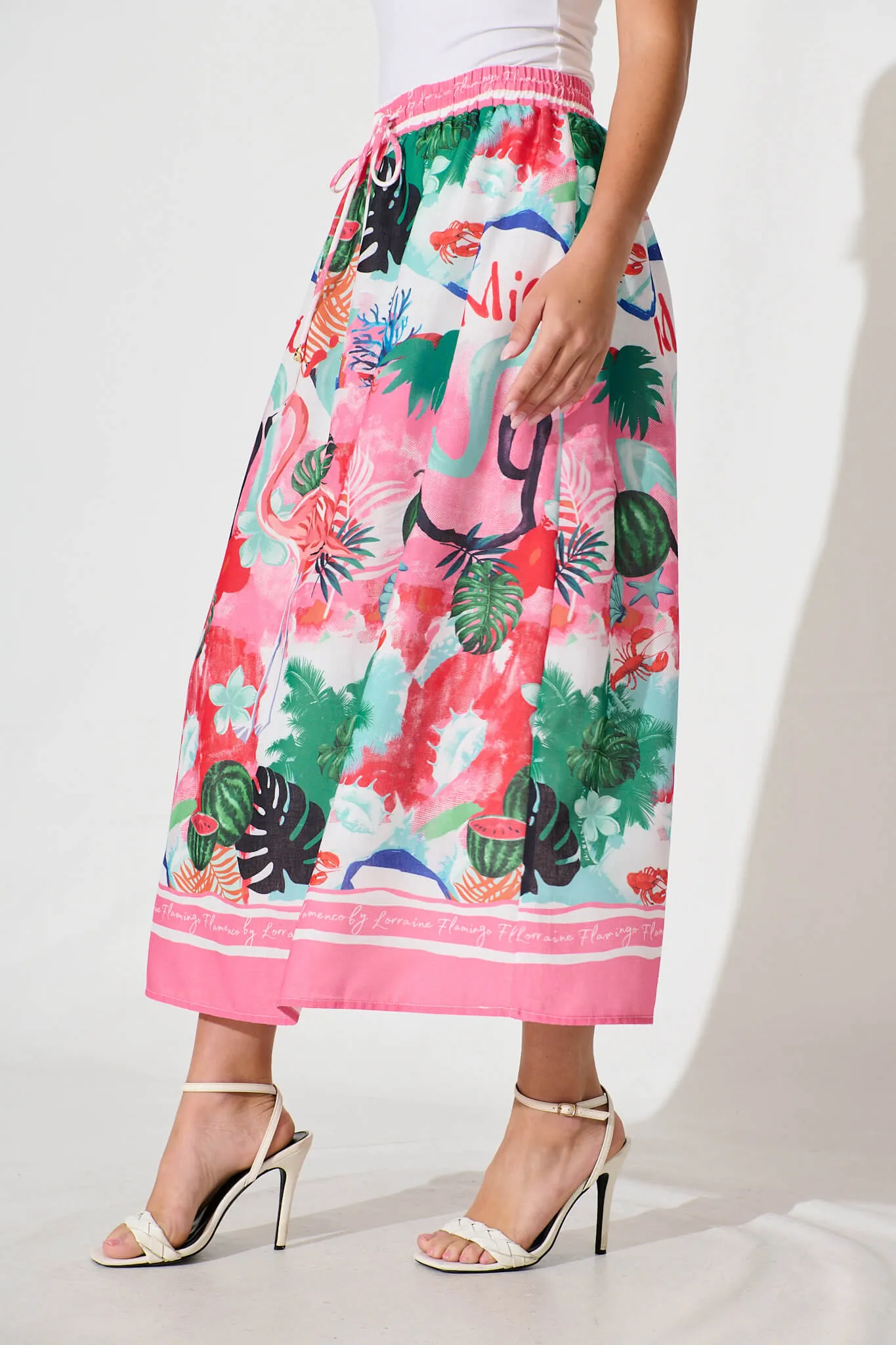 Lorianne Maxi Skirt In Pink Multi Tropical Linen Blend