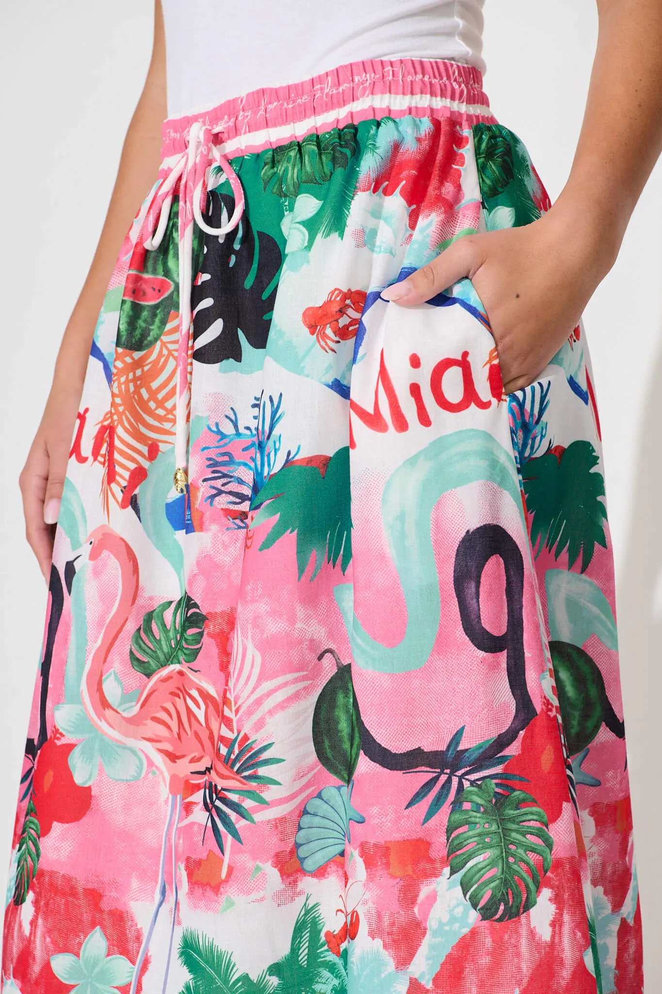 Lorianne Maxi Skirt In Pink Multi Tropical Linen Blend