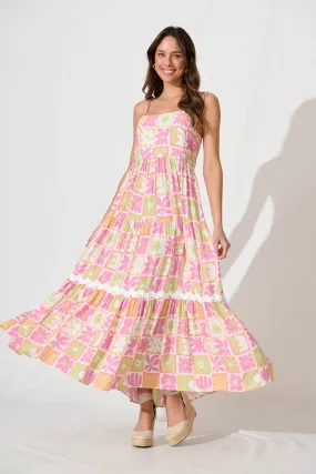 Love And Roses Maxi Sundress In Pink Multi With Ric Rac Trim