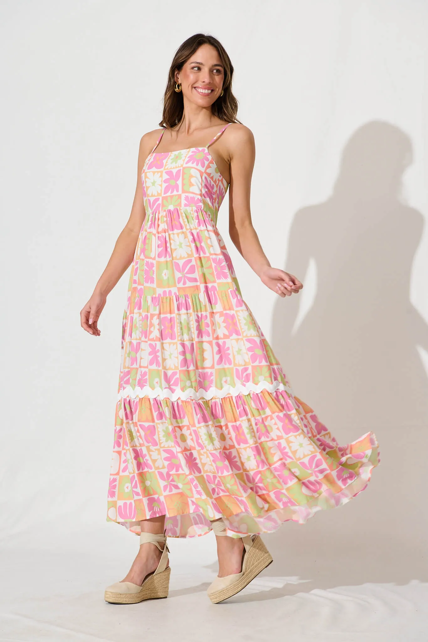 Love And Roses Maxi Sundress In Pink Multi With Ric Rac Trim