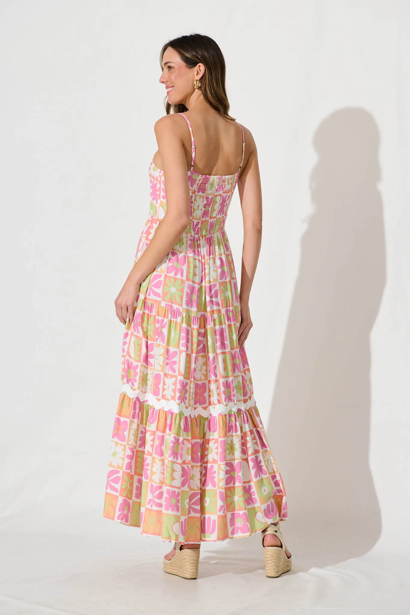 Love And Roses Maxi Sundress In Pink Multi With Ric Rac Trim