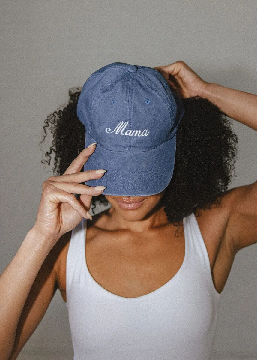 Mama Embroidered Hat - Steel Blue