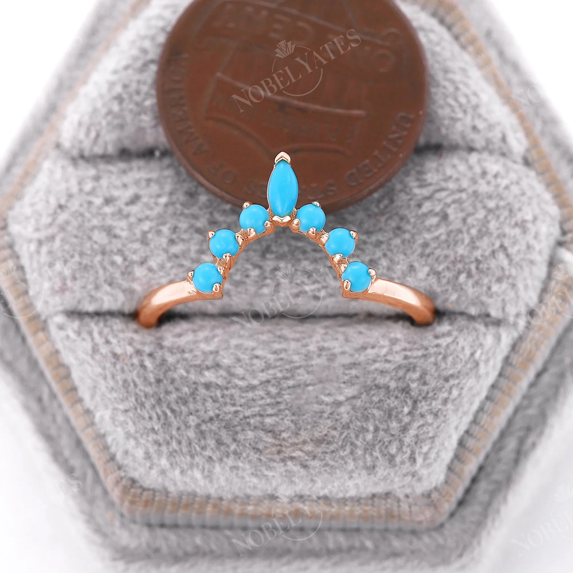 Marquise & Round Blue Turquoise Curved Wedding Band Rose Gold